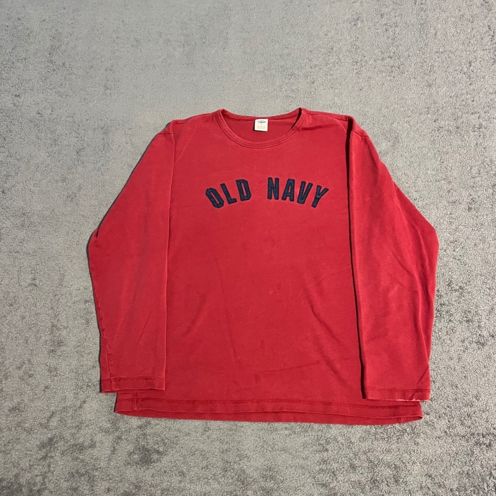 Vintage Y2K Distressed Old Navy Mens Large Red Long Sleeve Logo Shirt Gurnge